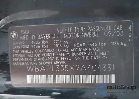 2009 BMW 335I xDrive z USA, uszkodzony, nr VIN WBAPL335X9A404331